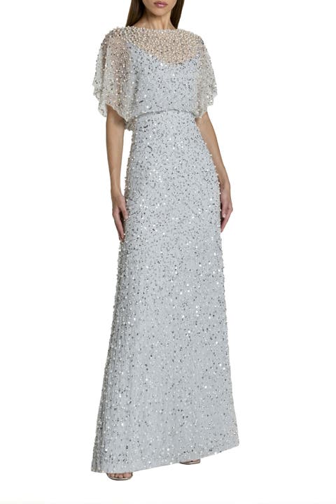 Beaded Mesh Gown With Shawl