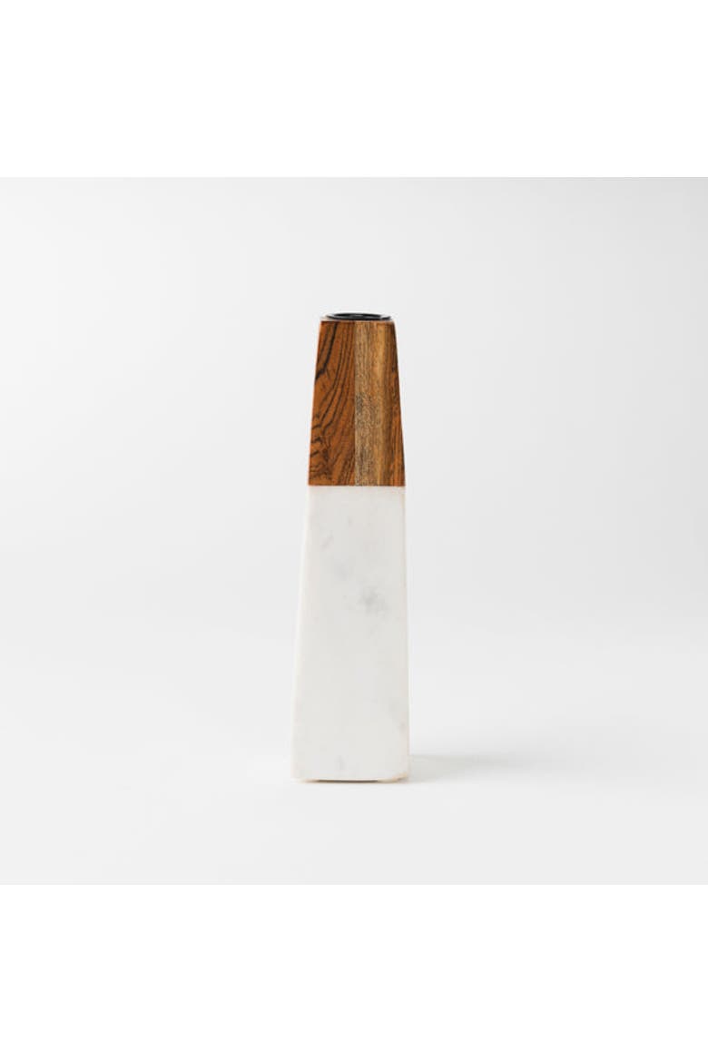 Tapered White Marble & Acacia Sculptural Candleholder, Alternate, color, White - Large
