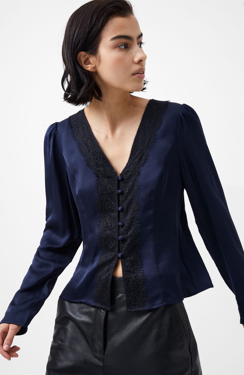 French Connection Ennis Lace Trim Satin Button-Up Top, Alternate, color, Marine-Black
