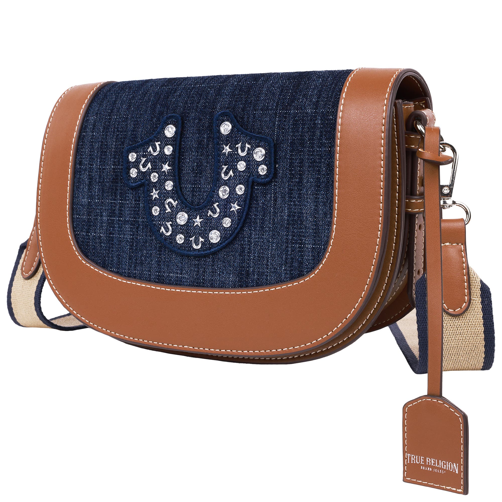 True Religion Studded Logo Denim Flap Bag, Alternate, color, 