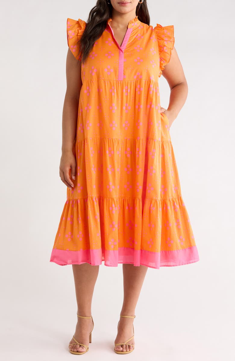 SUGARLIPS Donna Dot Mirna Tiered Midi Dress, Main, color, Orange-Pink
