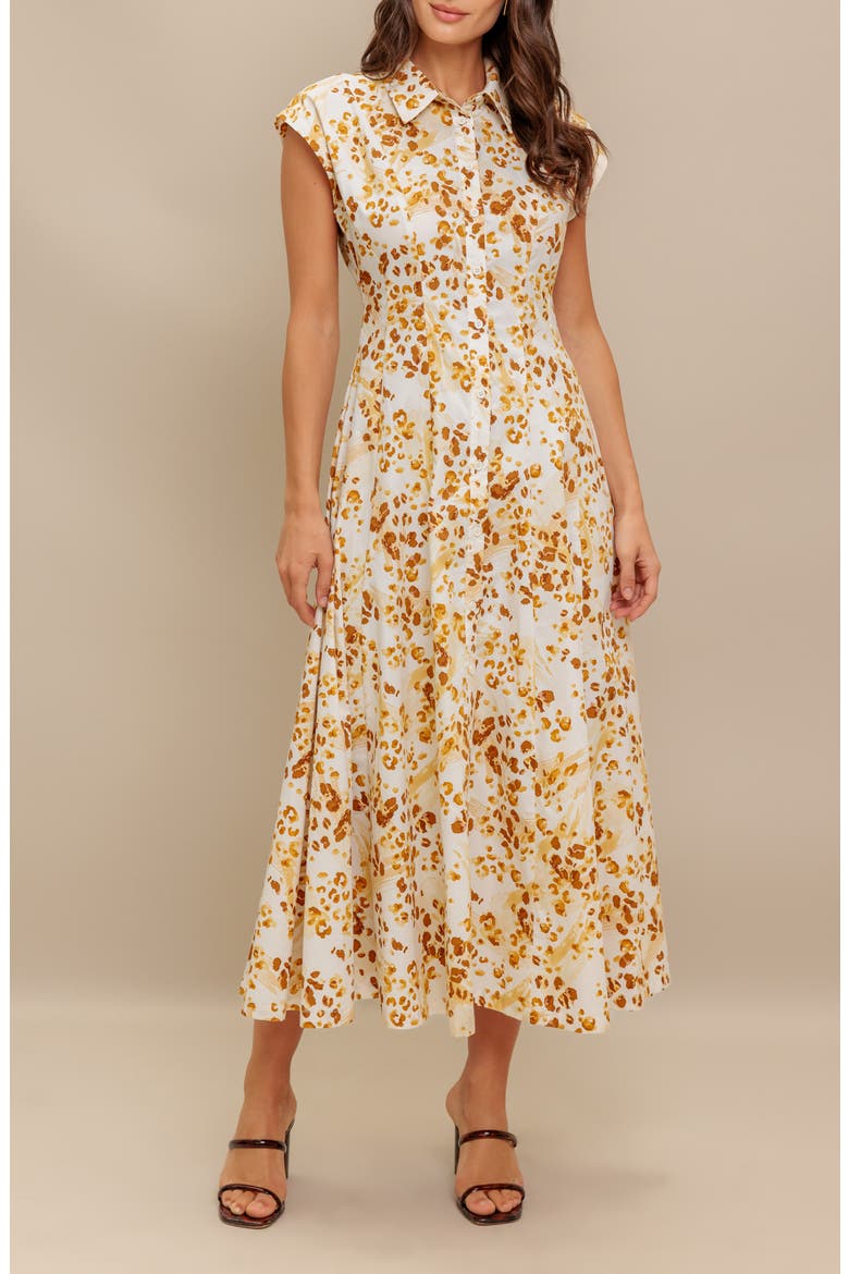 Print Midi Button Front Shirtdress, Alternate, color, IVORY BROWN