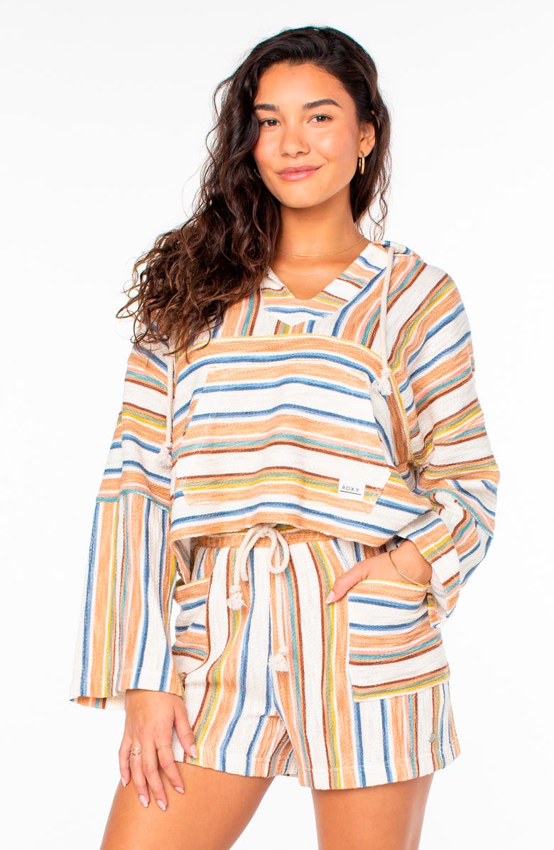 Roxy Rich Coast Stripe Crop Hoodie, Alternate, color, Camel