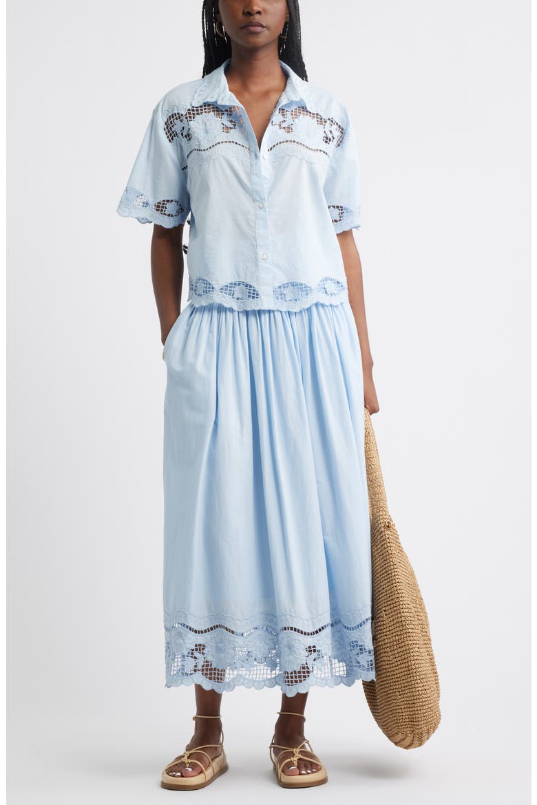 Embroidered Eyelet Cotton Smocked Waist Skirt, Alternate, color, BLUE SKYWAY