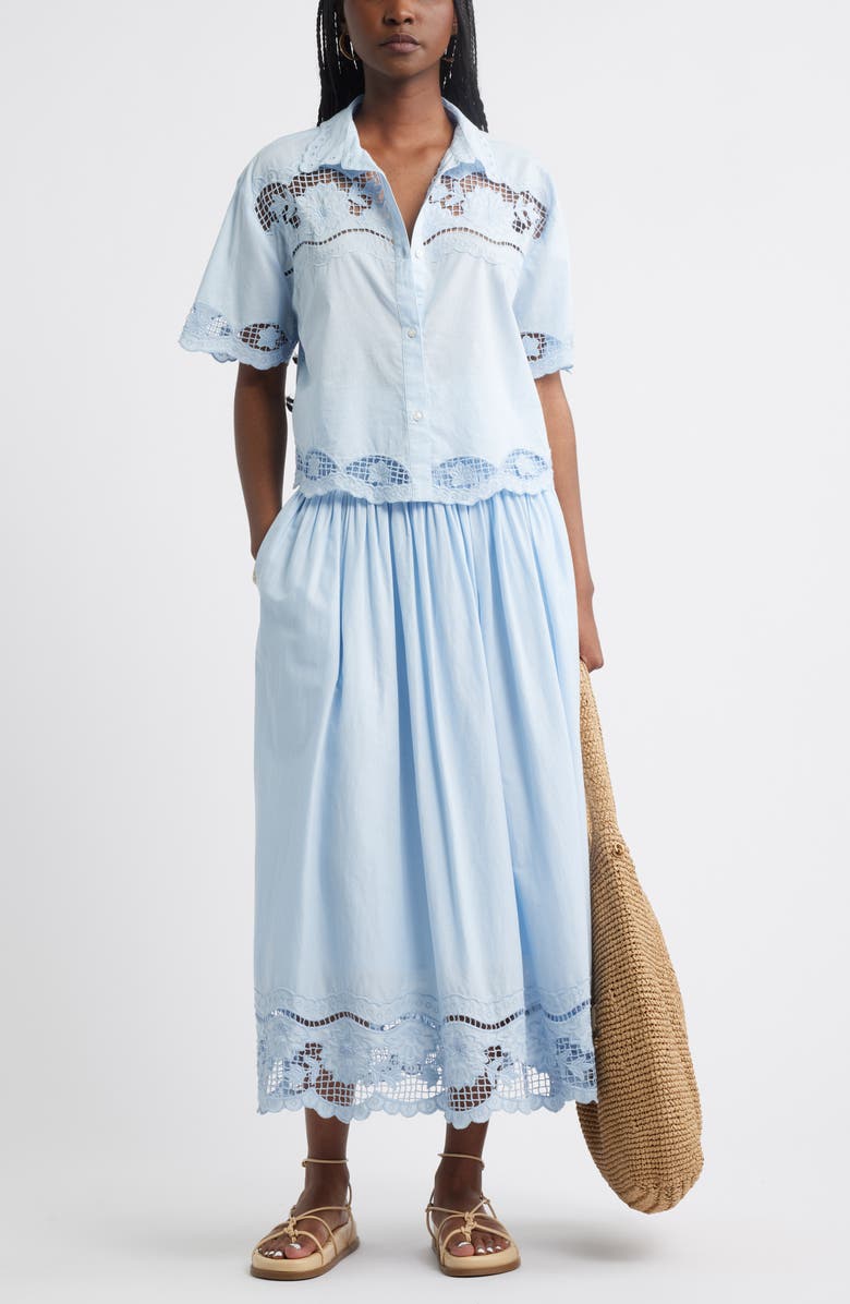 Embroidered Eyelet Cotton Smocked Waist Skirt
