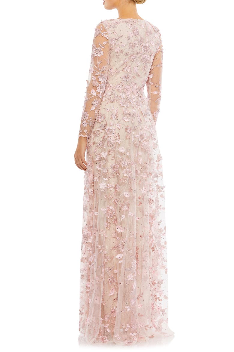 Floral Applique Long Sleeve Illusion Gown, Alternate, color, ROSE PINK