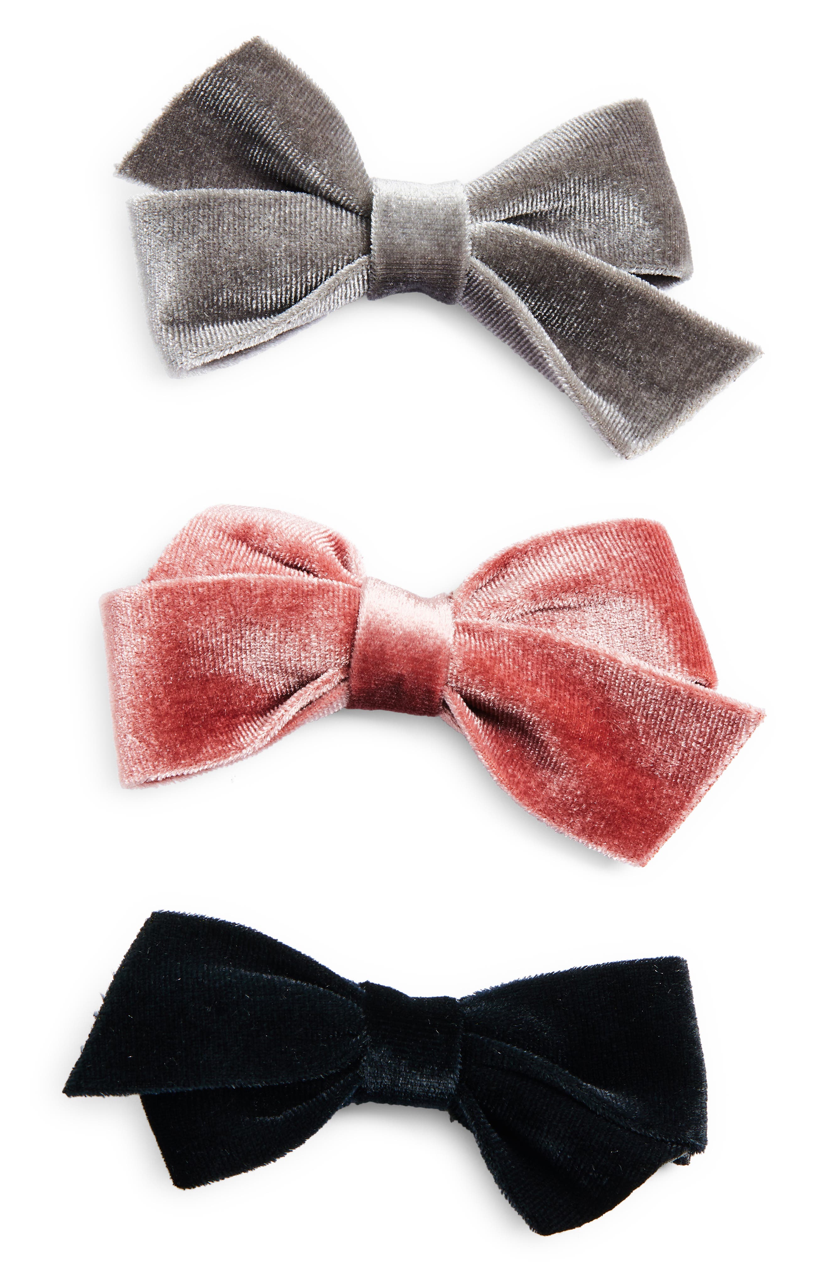Tasha Assorted 3-Pack Mini Velvet Bow Barrettes in Black/Pink/Grey 