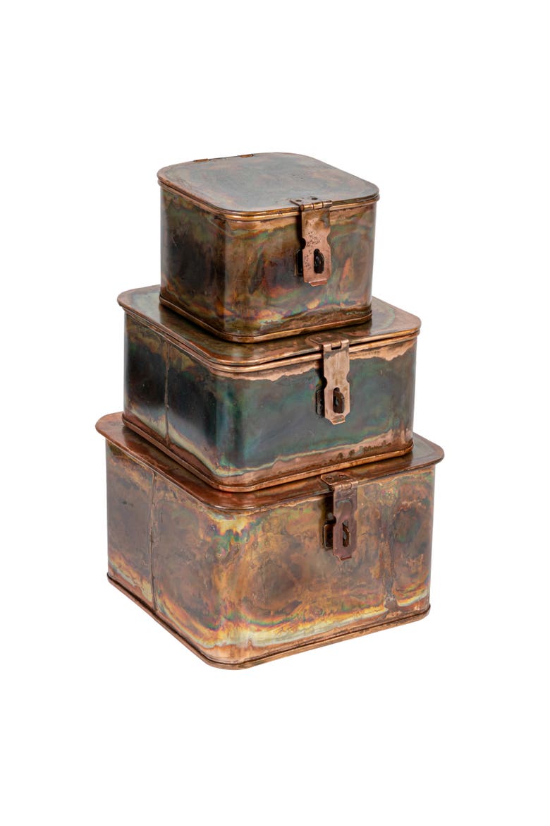 Various Square Decorative Boxes, Burnt Copper Finish, Set of 3, Main, color, Copper
