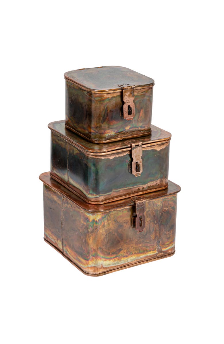 Storied Home Various Square Decorative Boxes, Burnt Copper Finish, Set of 3, Main, color, Copper