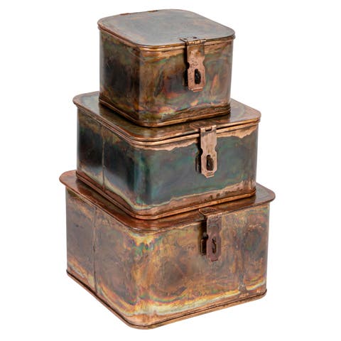 Various Square Decorative Boxes, Burnt Copper Finish, Set of 3