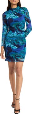 Donna Morgan Long Sleeve Ruched Mesh Minidress