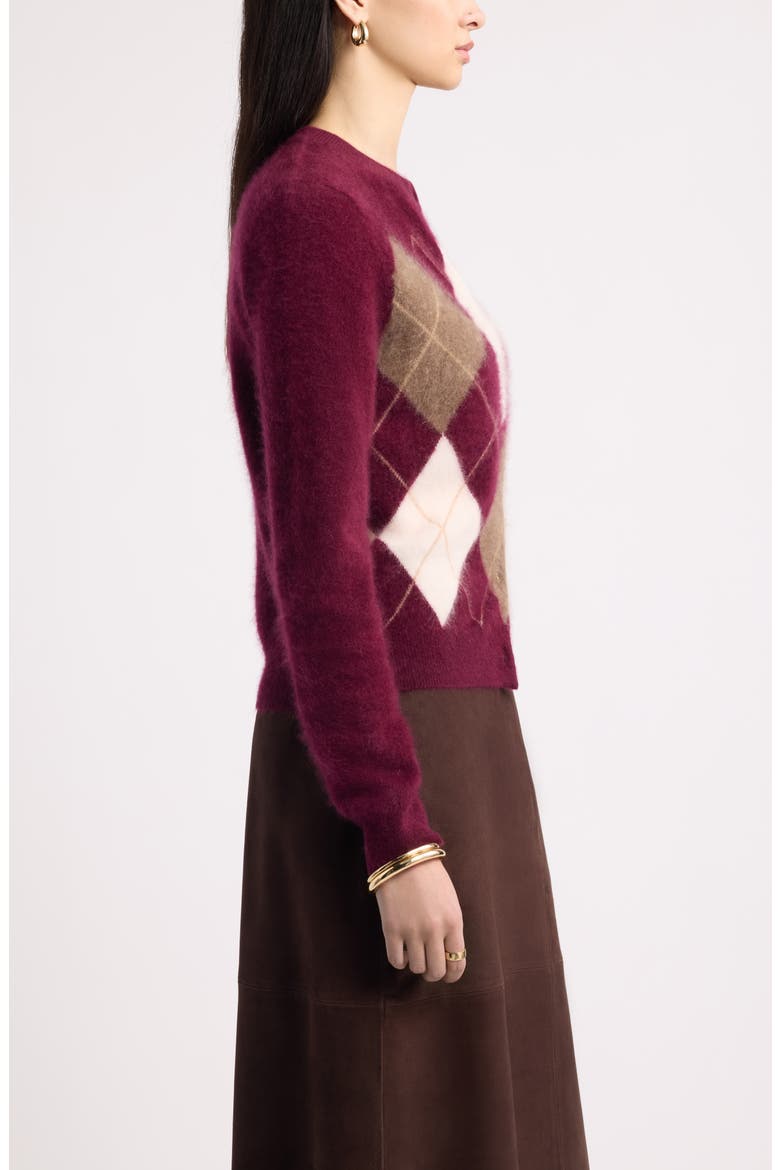 Brushed Cashmere Argyle Cardigan, Alternate, color, BURGUNDY FIG HEATHER ARGYLE
