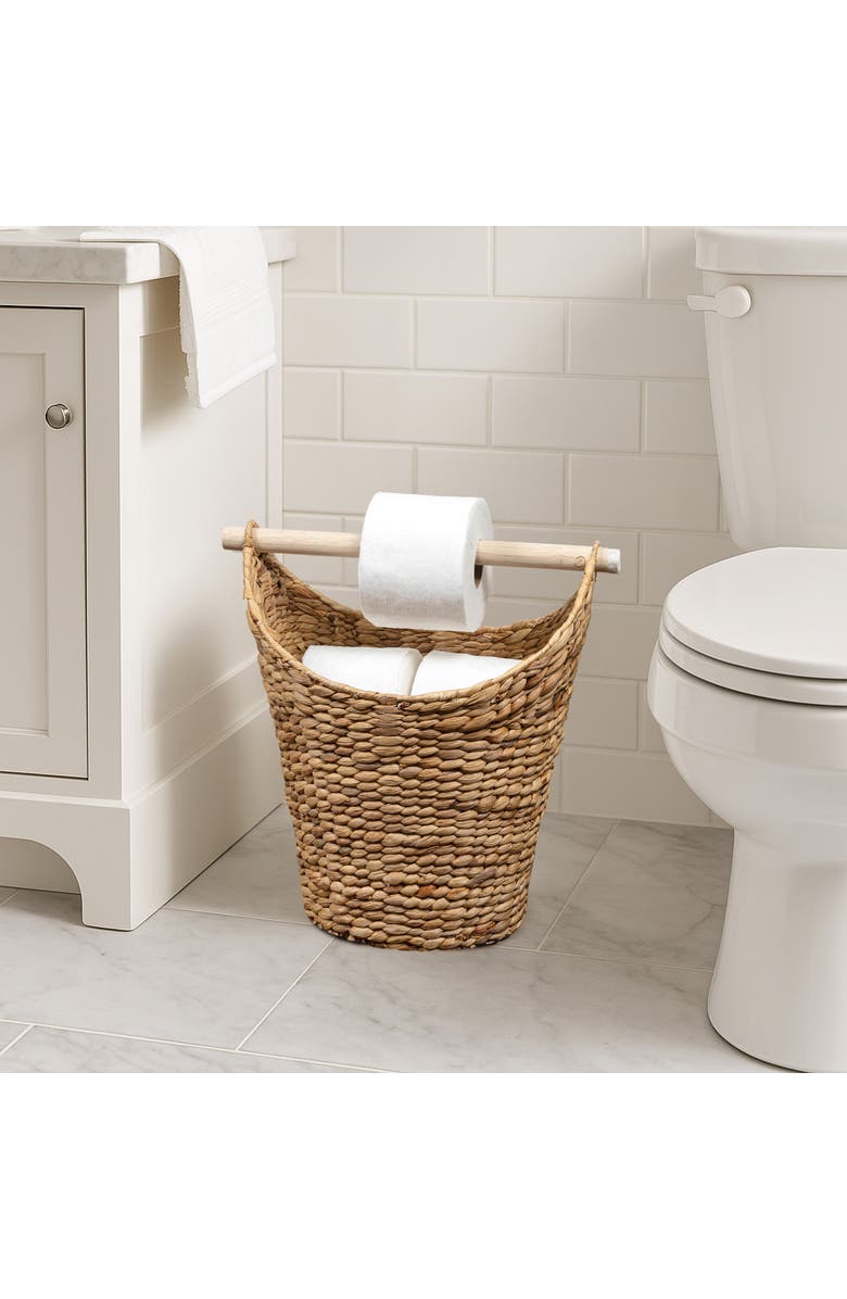 HAPPIMESS Talia Classic Coastal Hand-Woven Water Hyacinth Toilet Paper Basket with Wood Bar, Alternate, color, Natural