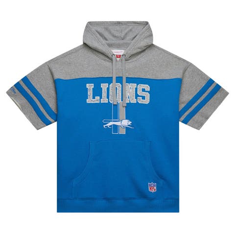 Men's Mitchell & Ness Blue Detroit Lions  Off Field Vintage Logo Short Sleeve Pullover Hoodie