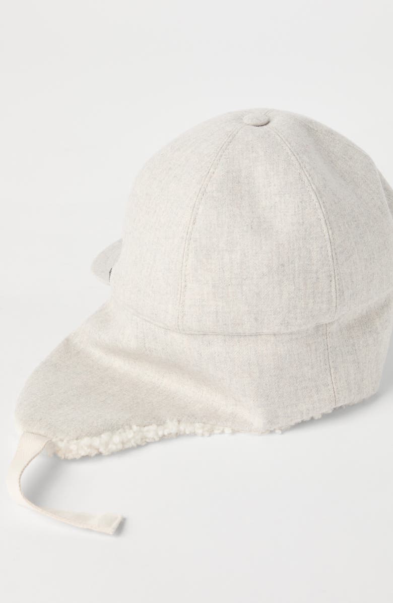 Brunello Cucinelli Virgin wool flannel baseball cap with shearling-lined ear flaps and shiny band, Alternate, color,