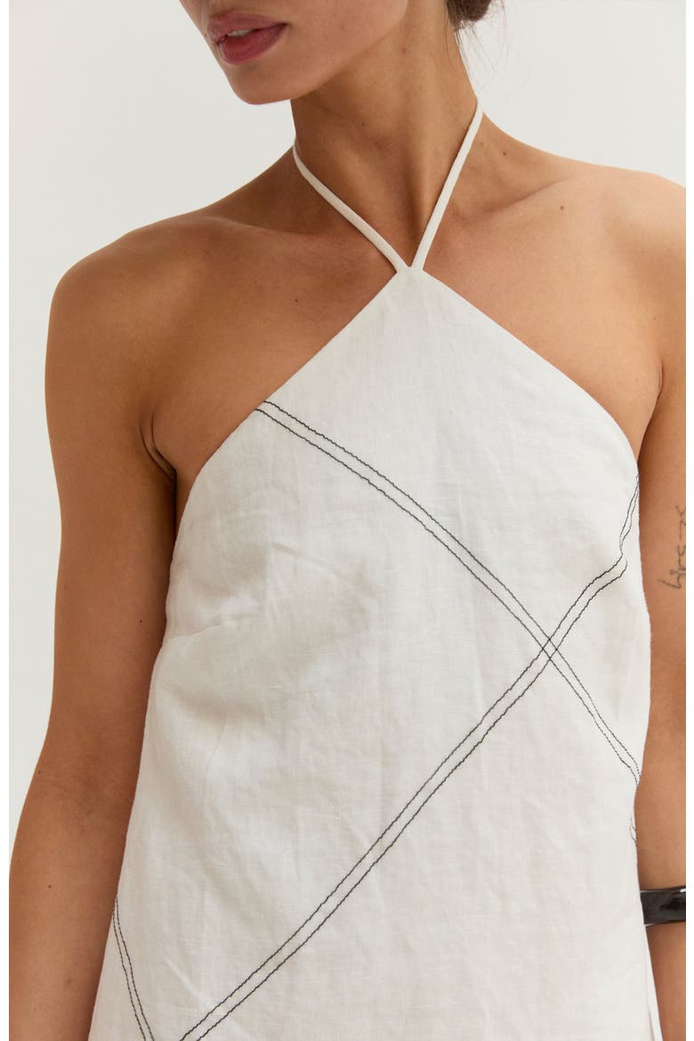 Contrast Stitch Halter Linen Mini Dress, Alternate, color, White