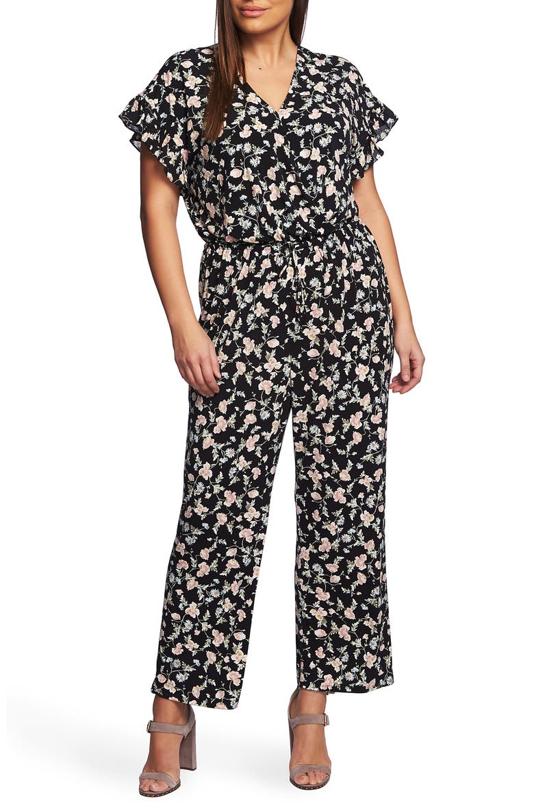 Duchess Floral Print Faux Wrap Jumpsuit, Main, color, RICH BLACK