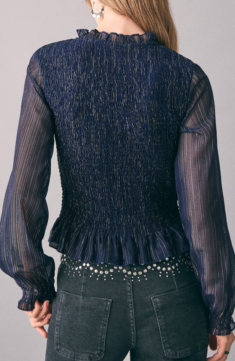 MANGO TEEN Metallic Stripe Smocked Top, Alternate, color, Navy