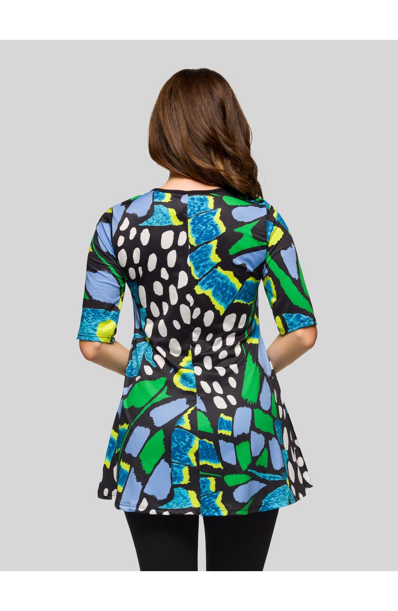 24seven Comfort Apparel Blue Butterfly Print Elbow Sleeve Casual Tunic Top, Alternate, color, Green Multi