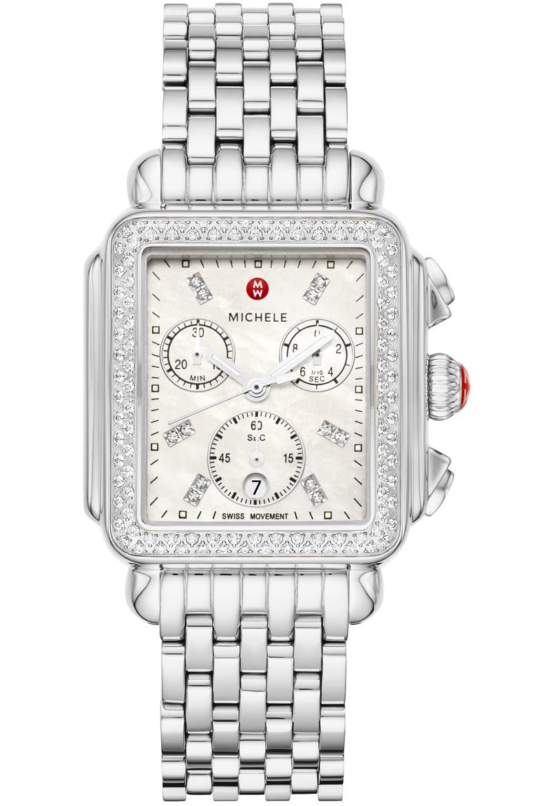Deco Diamond Chronograph Bracelet Watch, 33mm, Main, color, SILVER