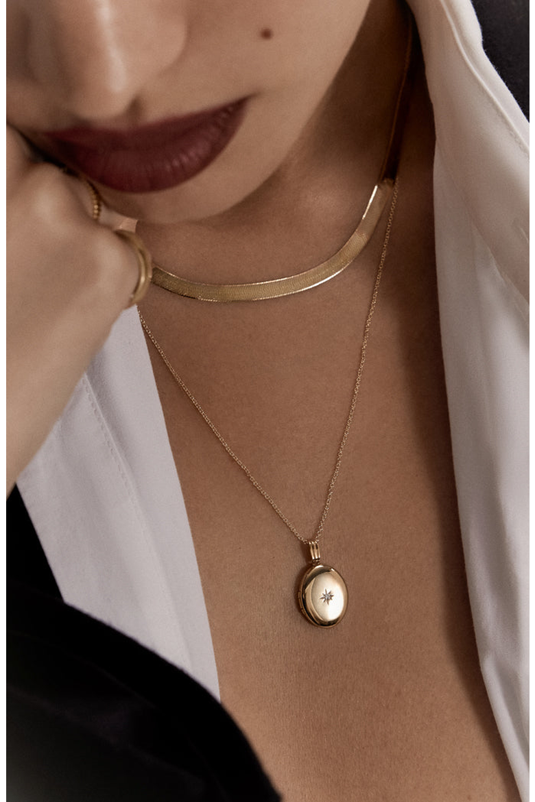 Maison Oval Locket Necklace Diamond, Alternate, color, Gold - Micro Rolo Chain