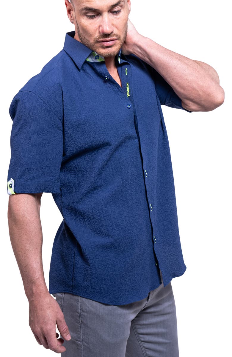 Maceoo Galileo Aristocrat Luxe Stretch Cotton Seersucker Short Sleeve Button-Up Shirt, Alternate, color, Blue