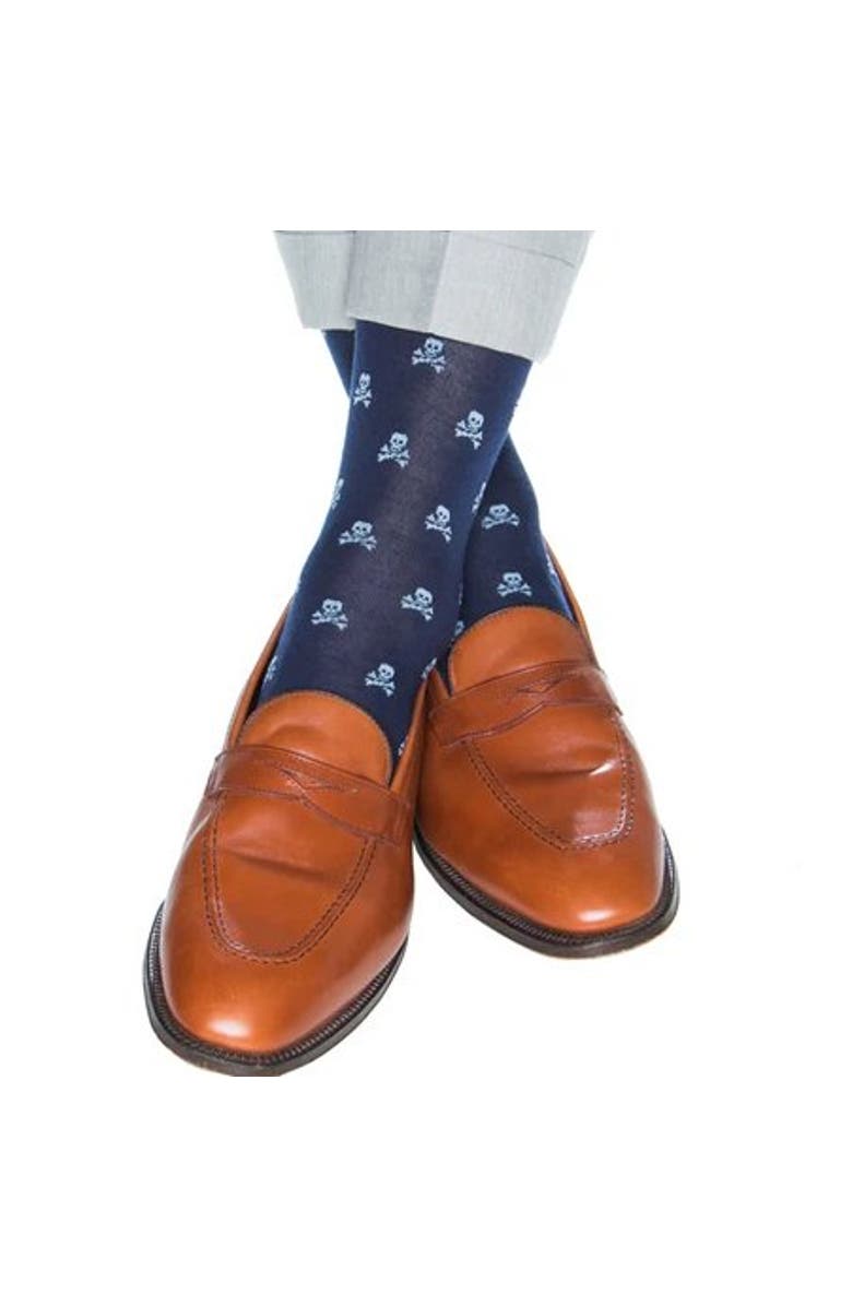 Trafalgar Rodger Skull and Cross Bones Mercerized Cotton Mid-Calf Socks, Alternate, color, Navy