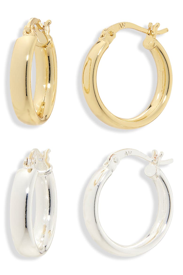 Set of 2 Wide Flat Hoop Earrings, Main, color, GOLD/ SILVER