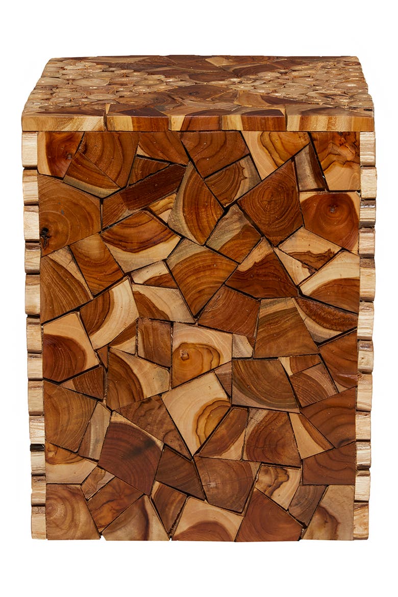 Brown Teak Wood Handmade Accent Table with Mosaic Wood Chip Design, Alternate, color, BROWN