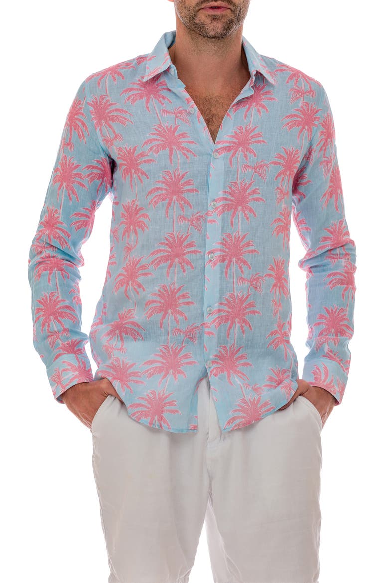 Linen Palm Button-Up Shirt, Alternate, color, TURQUOISE
