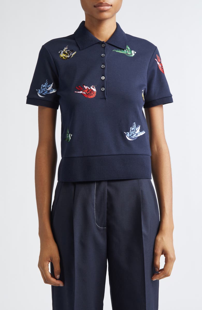 Thom Browne Canary Embroidered Cotton Polo, Main, color, Navy