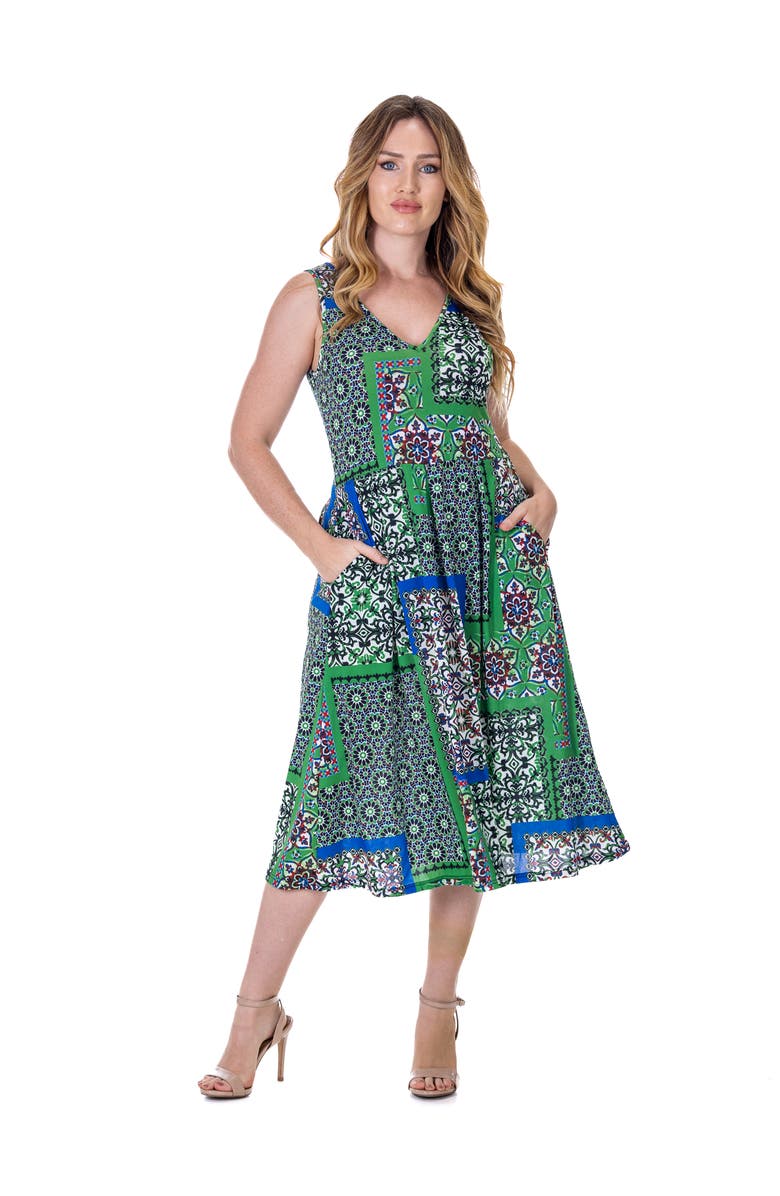 24seven Comfort Apparel Midi Length Scarf Print Sleeveless Pleated Pocket Dress, Main, color, Green Multi