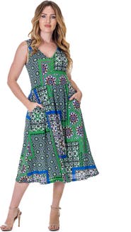 24seven Comfort Apparel Midi Length Scarf Print Sleeveless Pleated Pocket Dress
