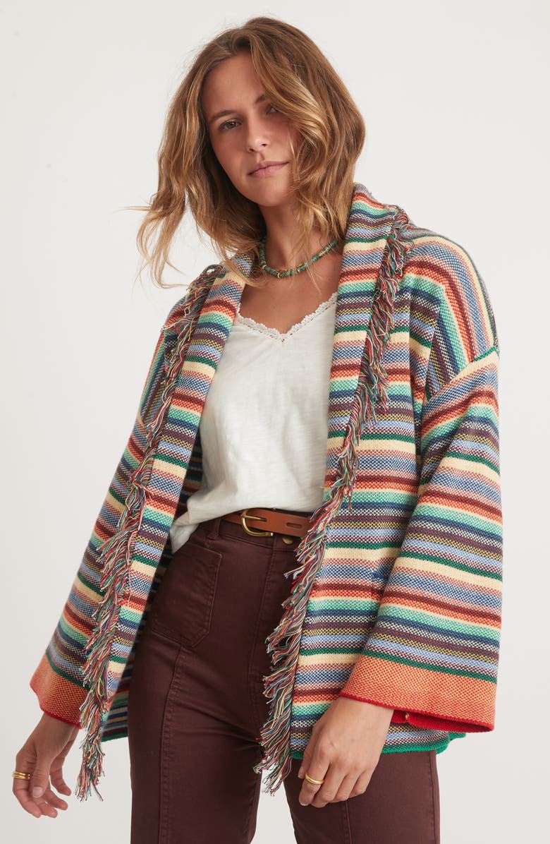 Marine Layer Alamere Fringe Tie Waist Organic Cotton Blend Cardigan, Alternate, color, Multi Stripe