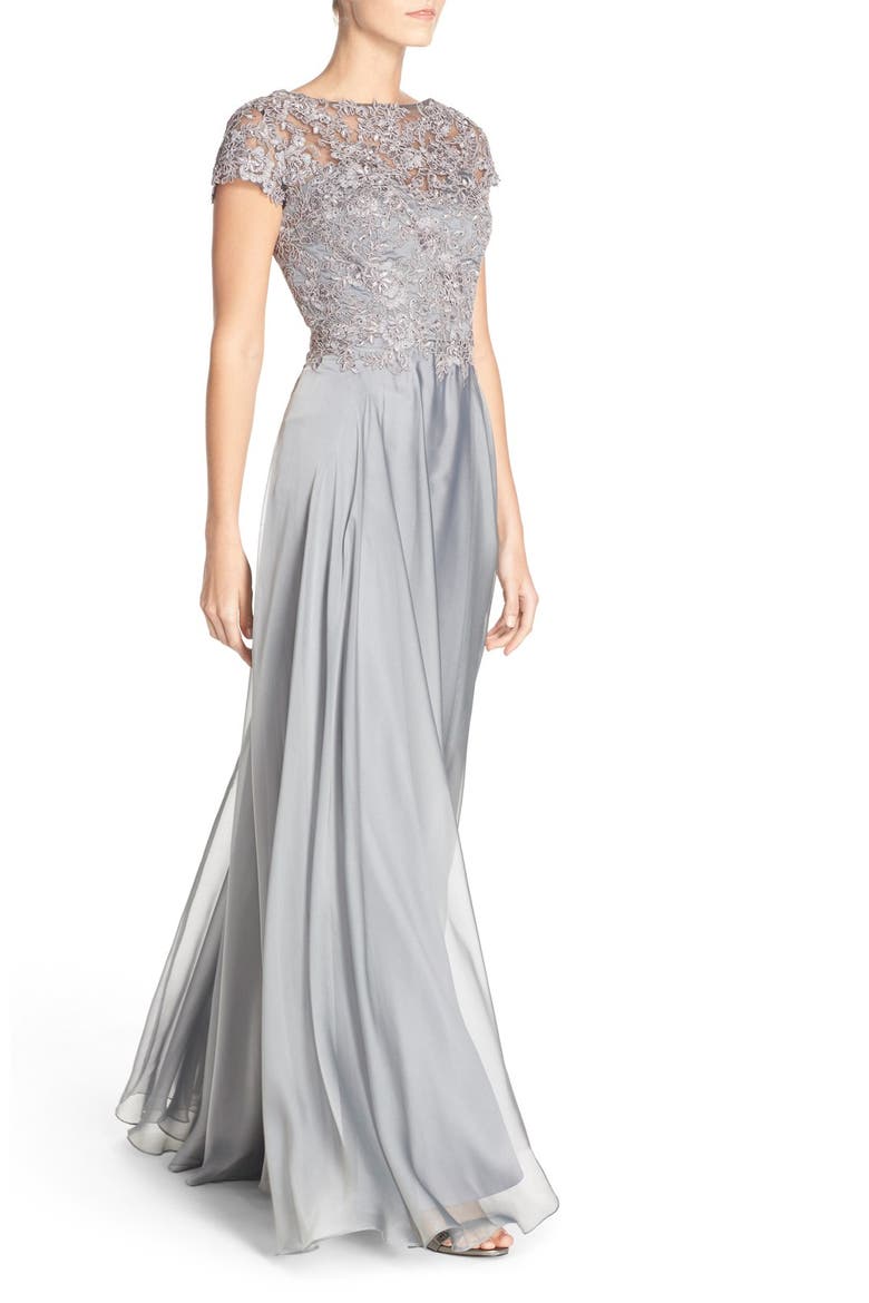 Lace & Satin A-Line Gown, Alternate, color, PLATINUM