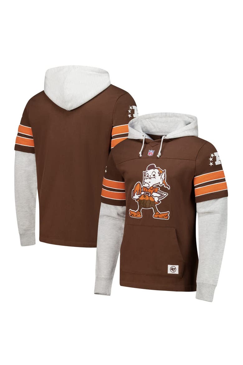 Men's '47 Brown Cleveland Browns  Throwback Double Header Blitz Cornerback Pullover Hoodie, Main, color, Brown