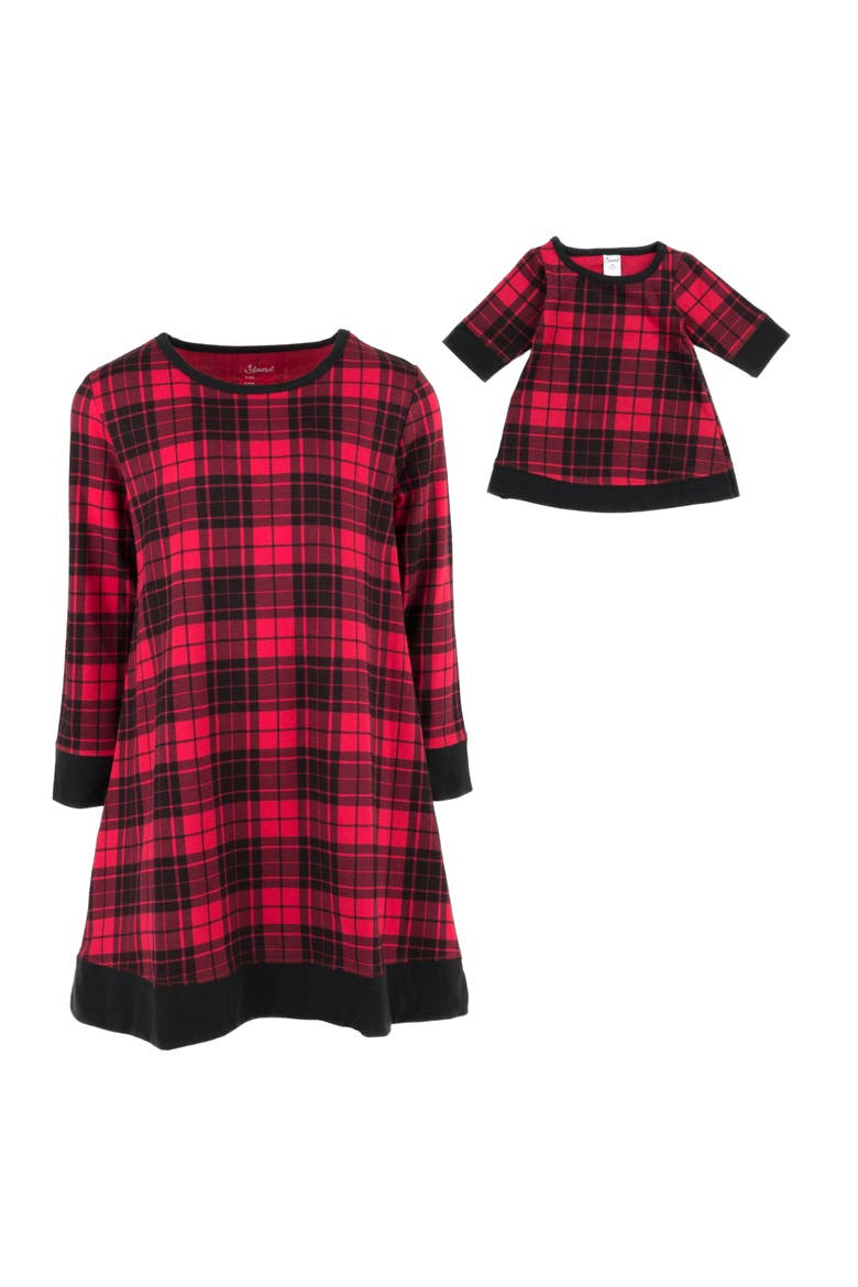 Girls Cotton Dress with Matching Doll Dress, Printed Design, Alternate, color, Plaid Black & Red