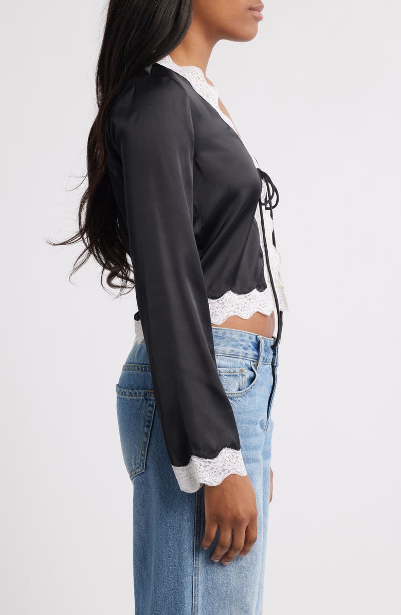 NASTY GAL Lace Trim Tie Front Satin Top, Alternate, color, Black