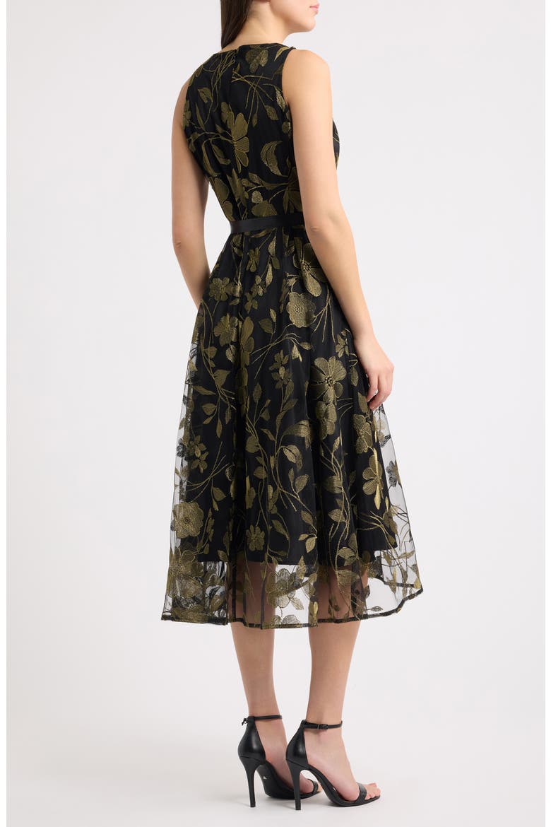 Belted Metallic Floral Embroidered Fit & Flare Midi Dress, Alternate, color, BLACK GOLD