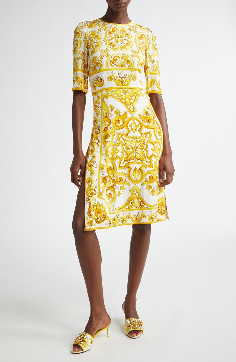 Dolce&Gabbana Majolica Stretch Silk Charmeuse Dress, Main, color, Mix Maiolica Giallo