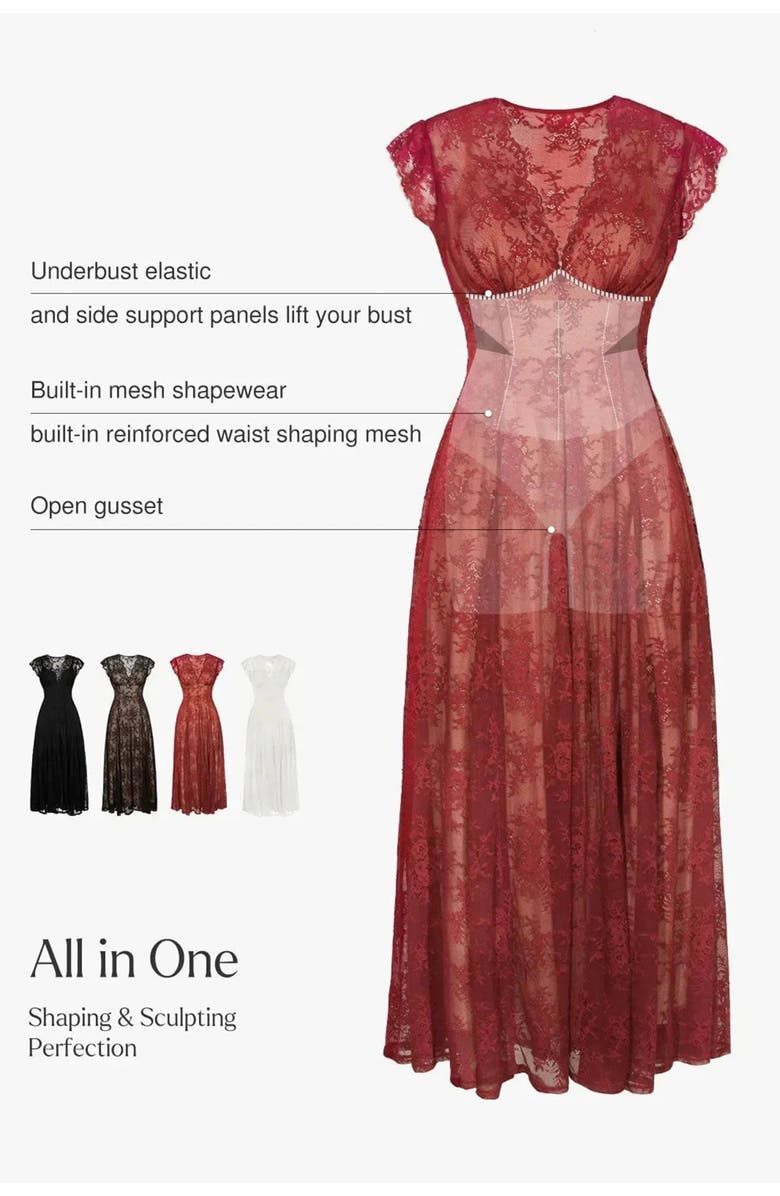 Popilush Shapewear Boho Floral Lace Front Slit Maxi Dress, Alternate, color, Beige Overflow