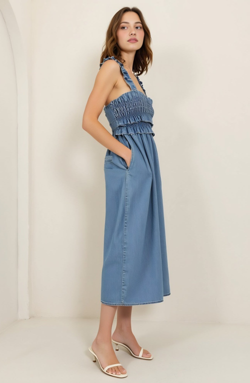 Modenaire Smocked Ruffle Strap Midi Dress With Flowy Skirt In Blue