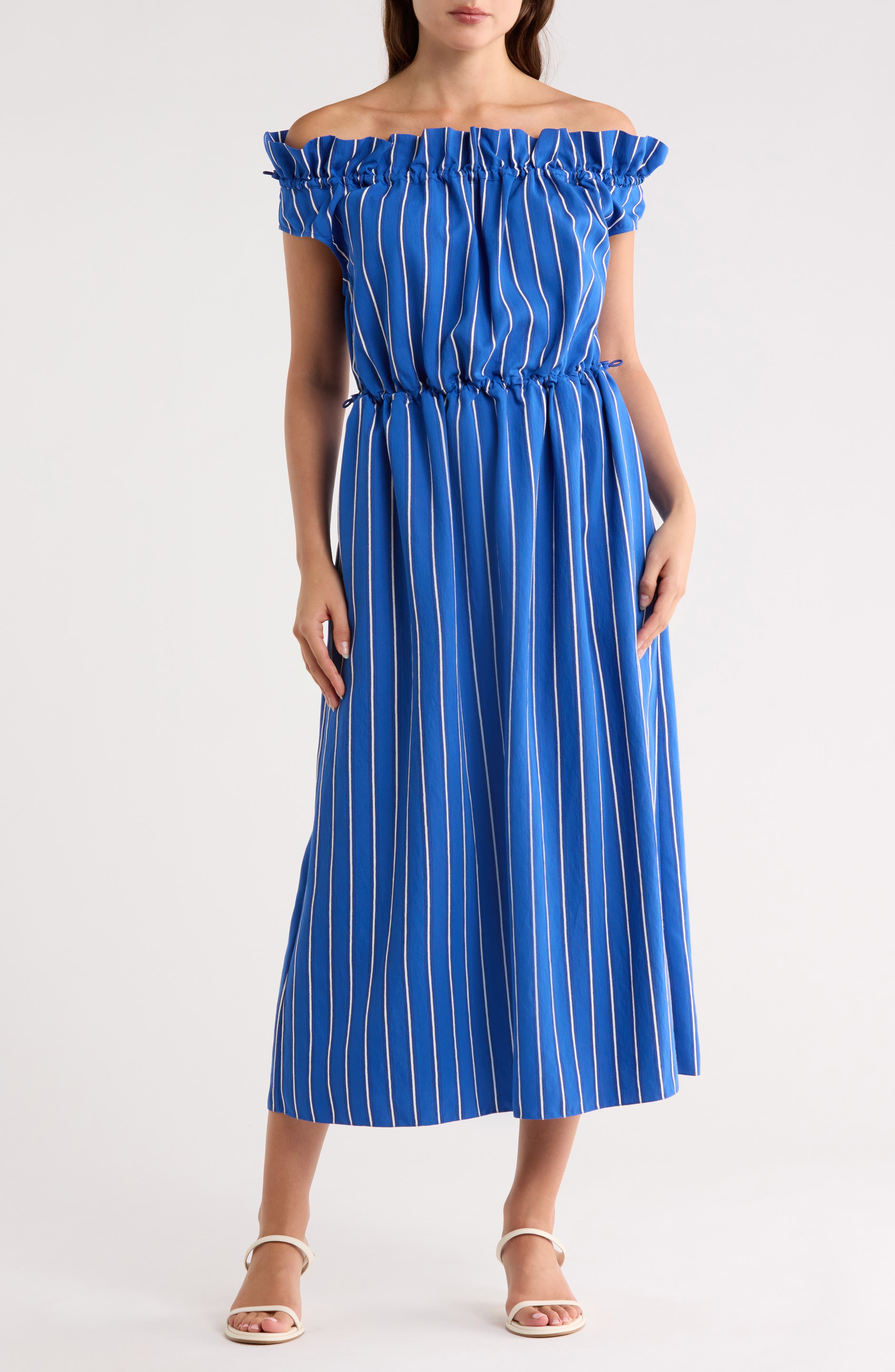 Longchamp Stripe Off the Shoulder Cap Sleeve Dress