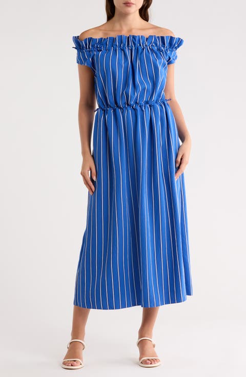 Stripe Off the Shoulder Cap Sleeve Dress