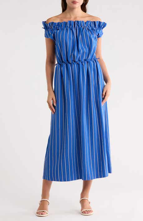 Longchamp Stripe Off the Shoulder Cap Sleeve Dress