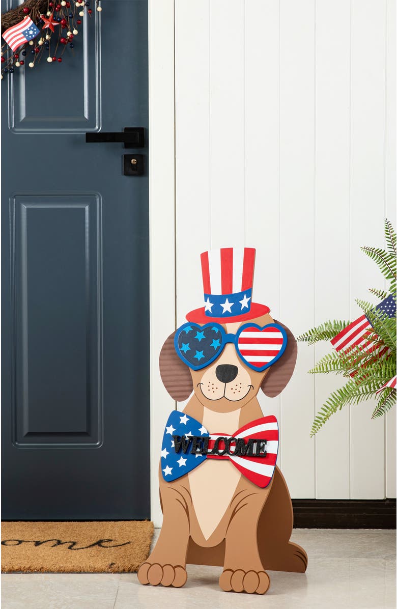 Glitzhome Patriotic Americana Wooden Labrador shape Easel Porch Decor, Alternate, color, Blue