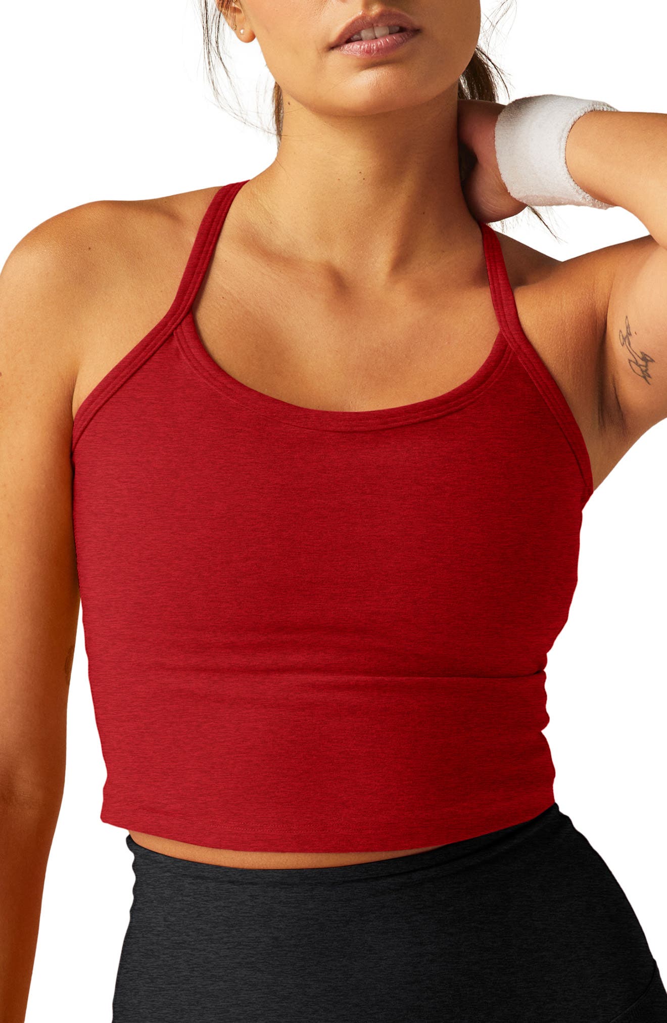 Beyond Yoga Space Dye Slim Racerback Crop Tank in Ruby Red Heather 