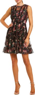 Mac Duggal Mesh Micro Ruffle High Neck Floral Mini Dress