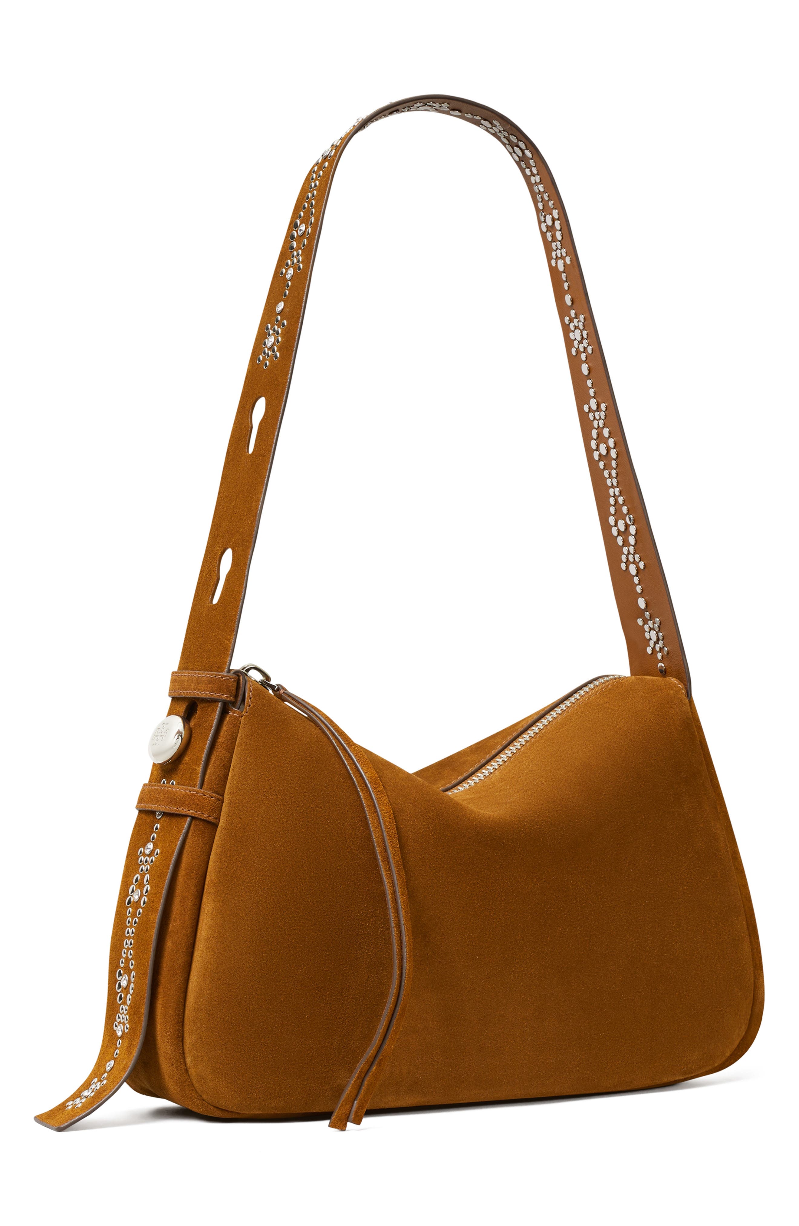 Romy Studded Suede Shoulder Bag, Alternate, color, CARAMEL