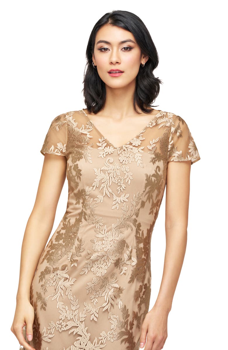 JS Collections Aviva Floral Embroidery Cocktail Dress, Alternate, color, Almond Buff